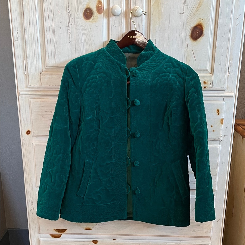 Vintage 1980 Green Velvet Embroidered Mandarin Collar Coat